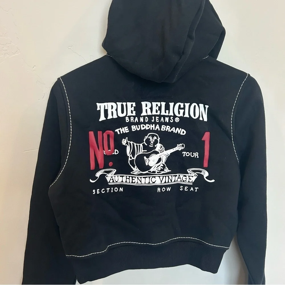 Women’s True Religion Shruken Zip Up Hoodie Big T, Black, Medium - Picture 9 of 10